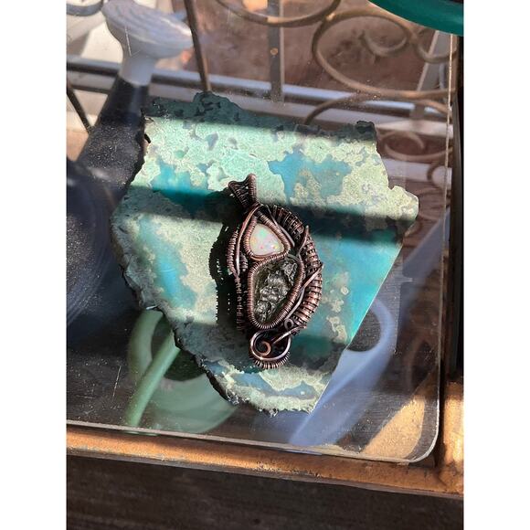 Intricate Moldavite With Opal Wire Wrap Pendant - Picture 11 of 11